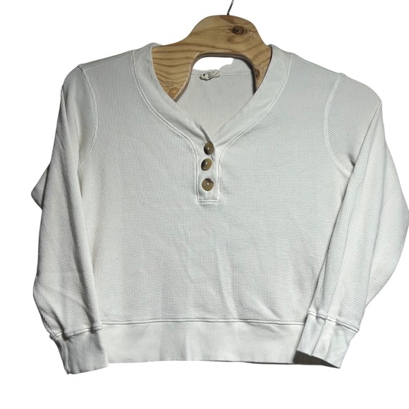 Pact Tops - Pact Organic Cotton Waffle Knit Henley Top White Long Sleeve Large